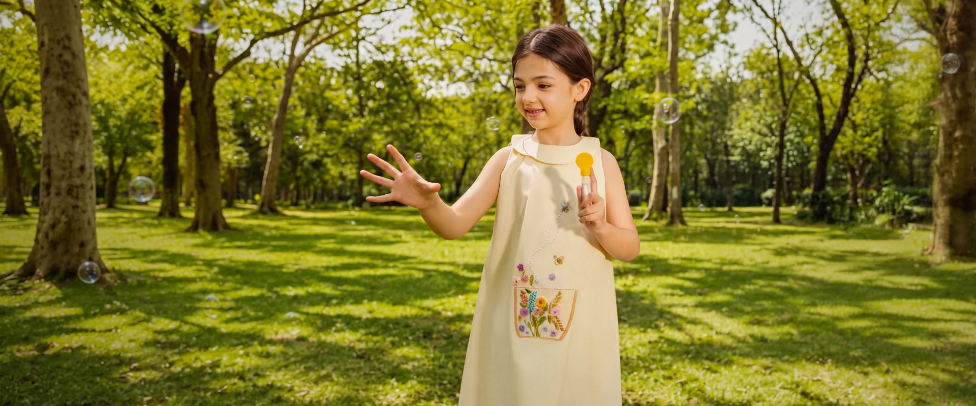 Young girl in a Todlem summer kidswear outfit photographed outdoors in a sunlit garden
