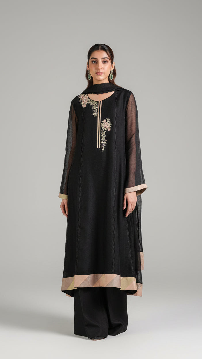 Black Chatta Patti Kalidaar Kurta and Trouser Set