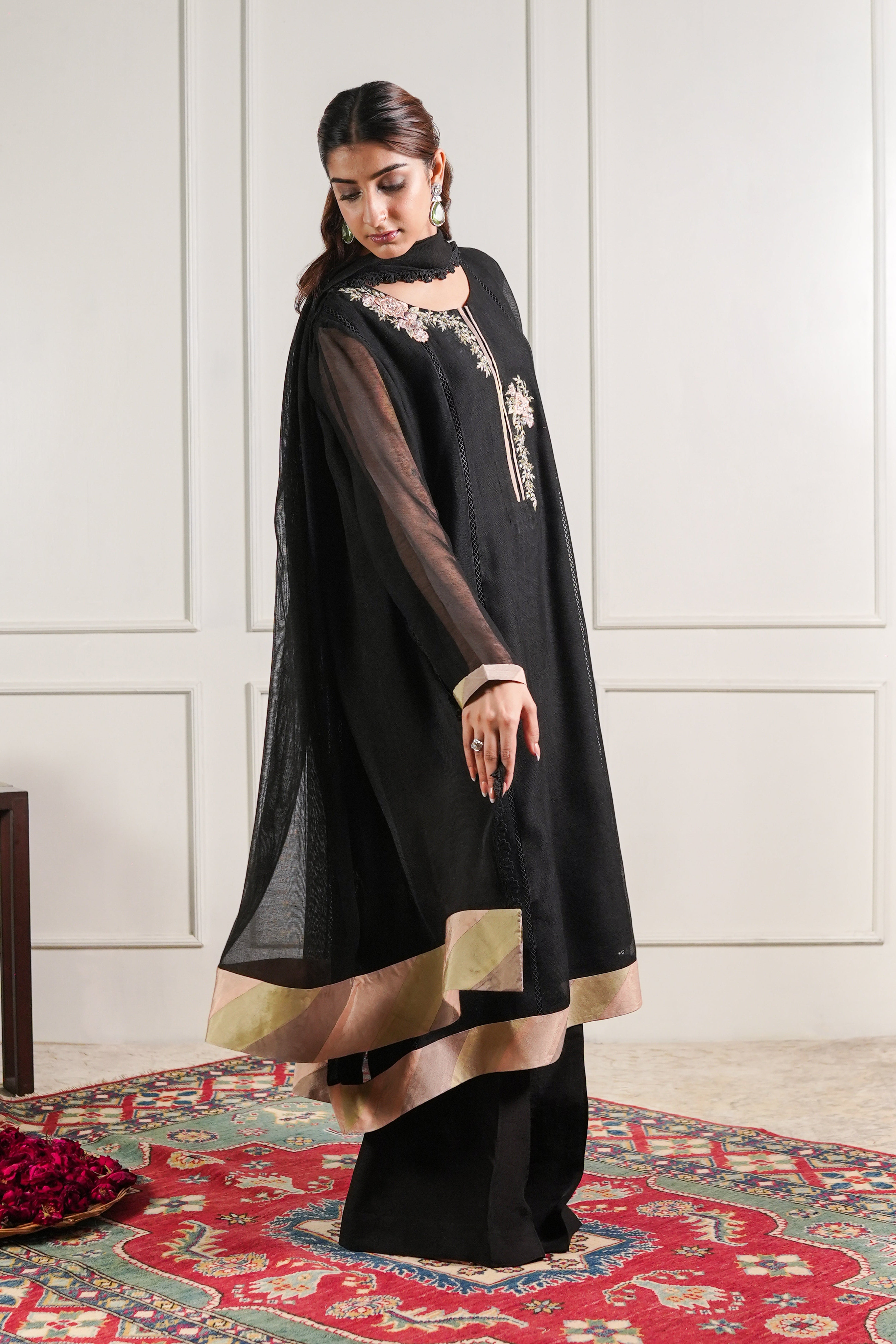 Black Chatta Patti Kalidaar Kurta and Trouser Set - Image 2