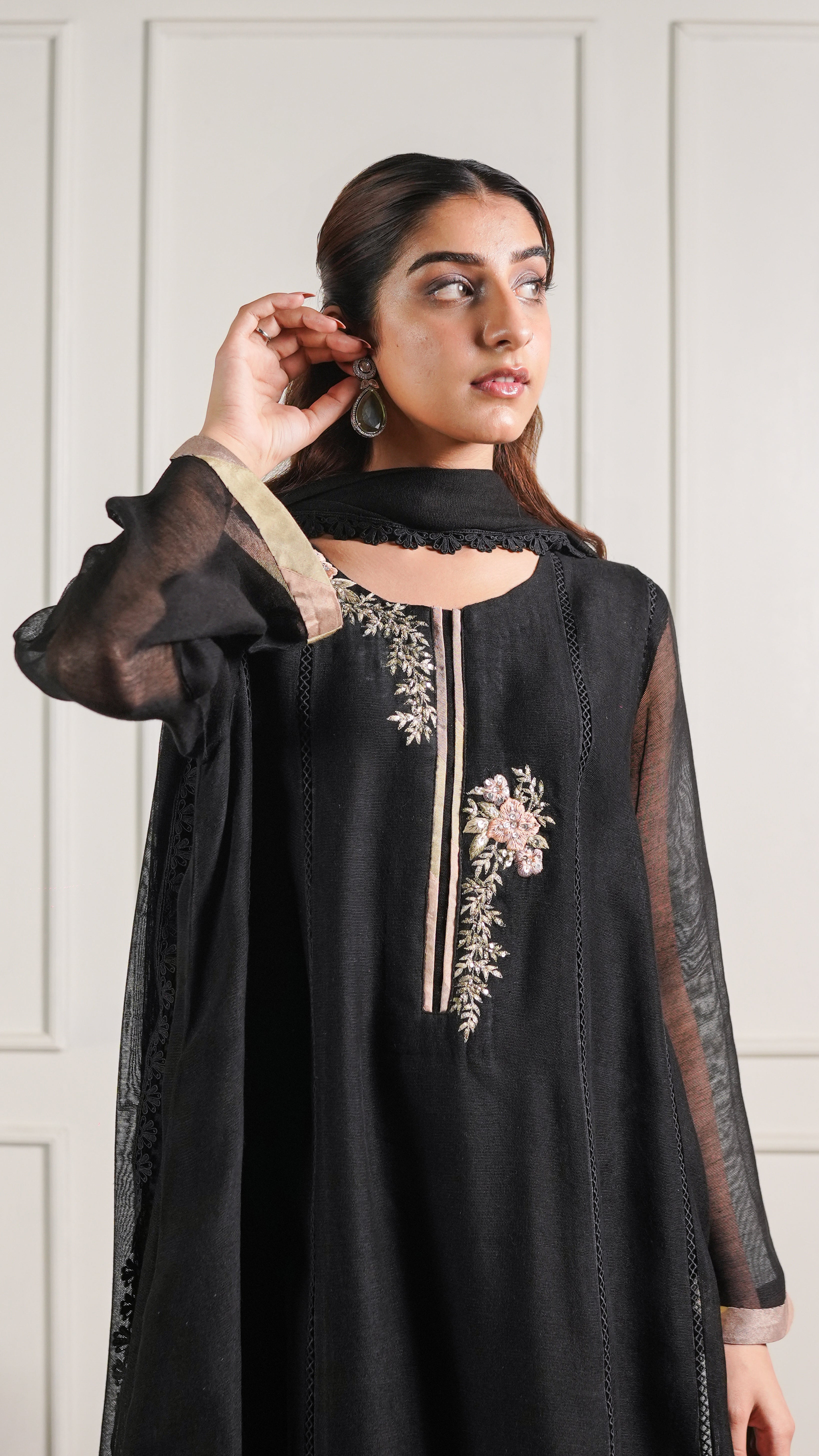 Black Chatta Patti Kalidaar Kurta and Trouser Set - Image 3