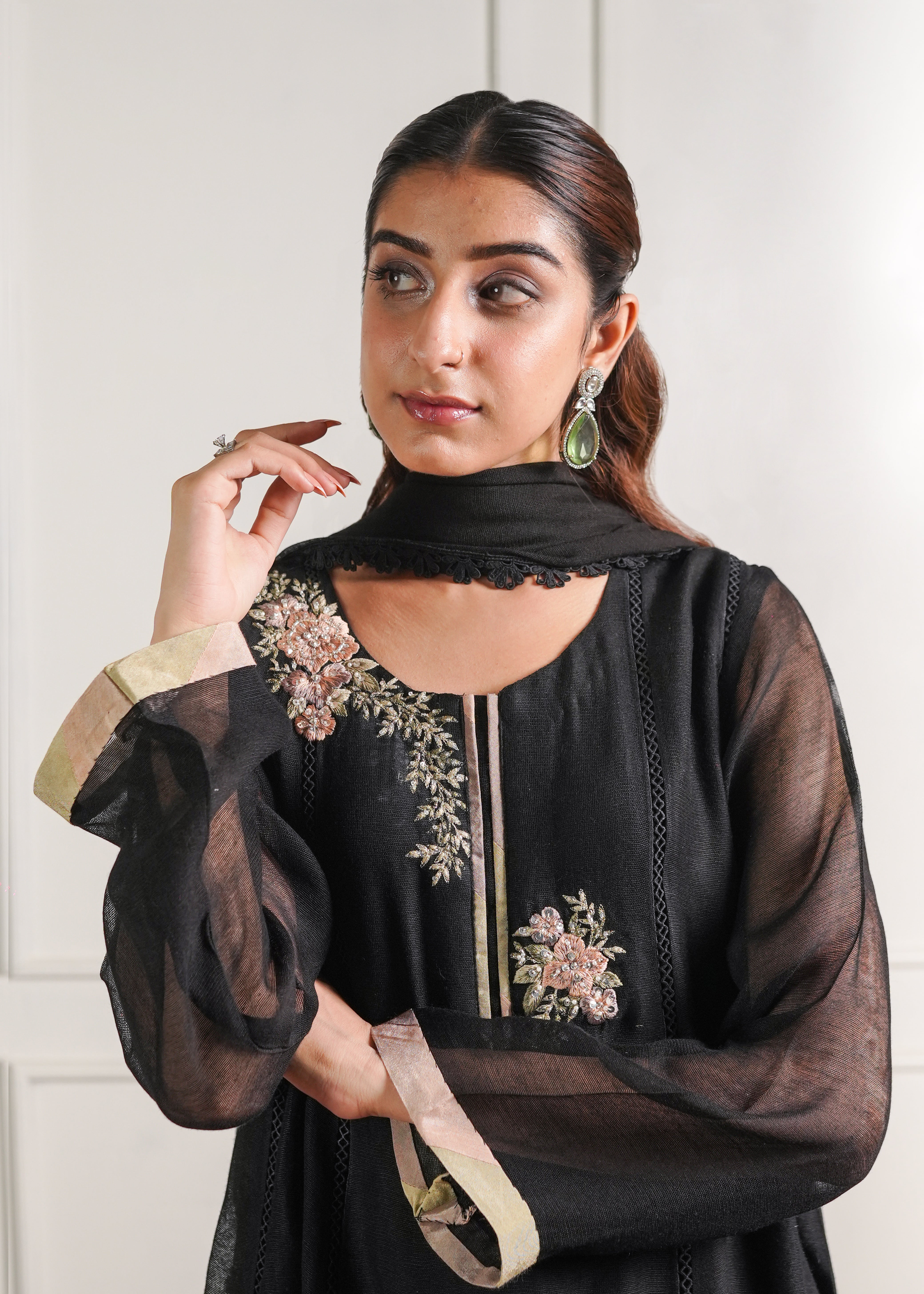 Black Chatta Patti Kalidaar Kurta and Trouser Set - Image 6