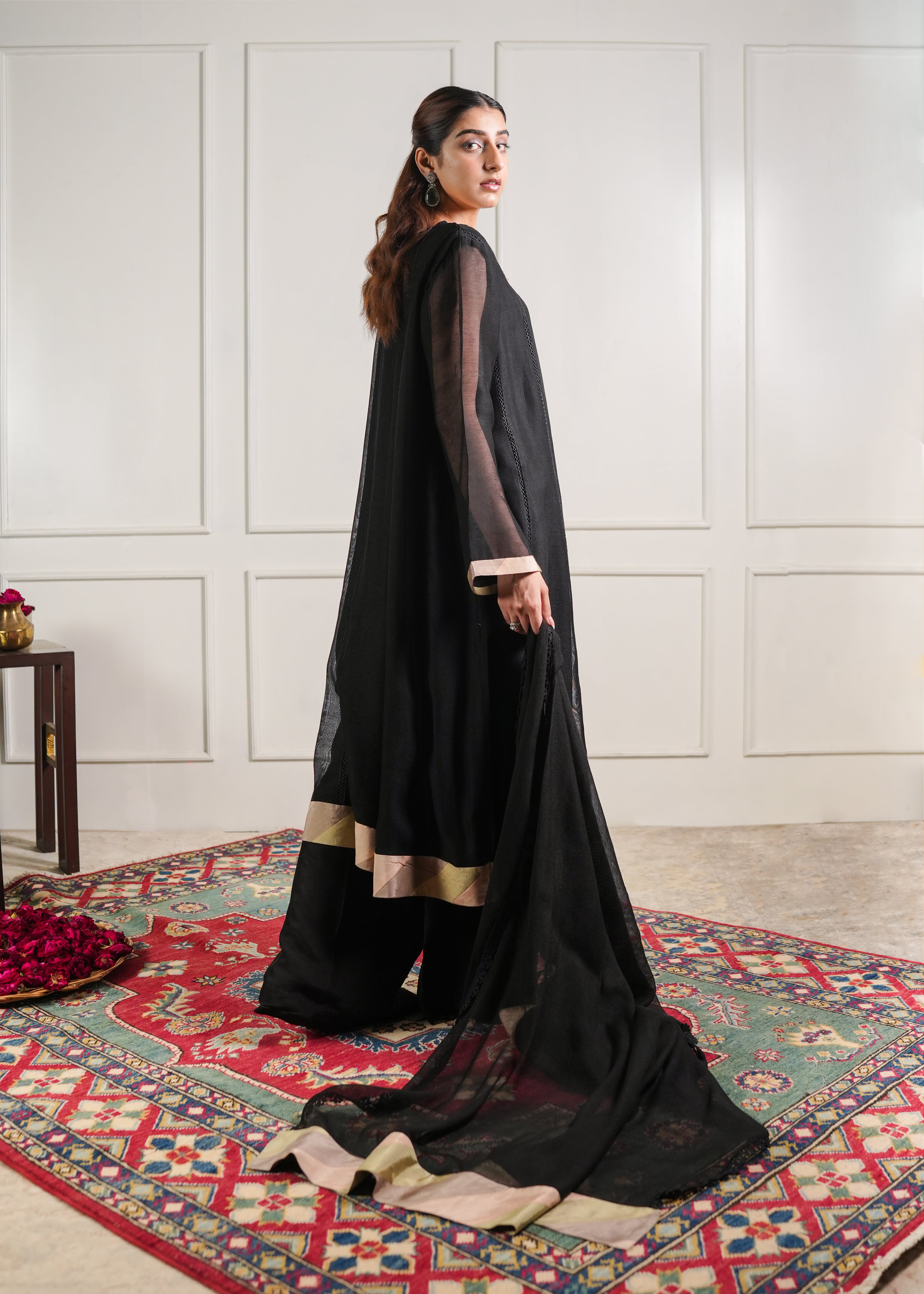 Black Chatta Patti Kalidaar Kurta and Trouser Set - Image 7