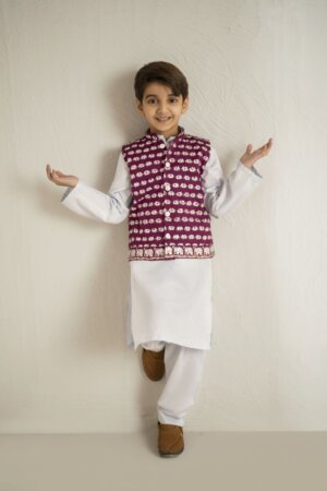 Blue Elephant Kurta with Purple Waistcoat Set - RTD