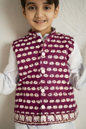 Blue Elephant Kurta with Purple Waistcoat Set - RTD