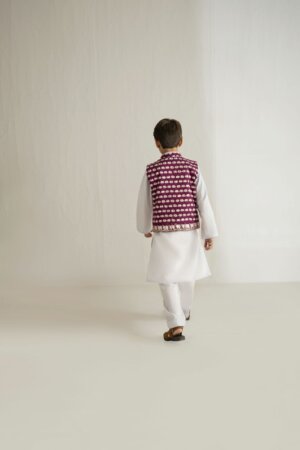 Blue Elephant Kurta with Purple Waistcoat Set - RTD