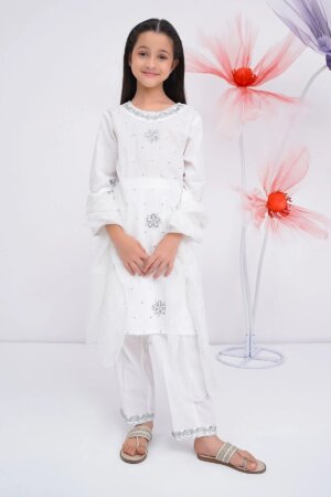 Cotton Chambray Embroidered 3 Pc Suit