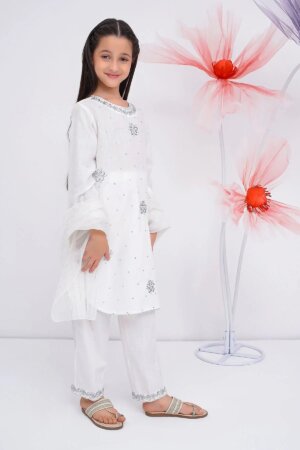 Cotton Chambray Embroidered 3 Pc Suit