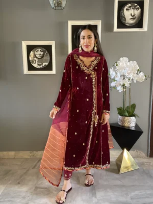 GARNET SHIRT WITH PANTS & DUPATTA AA 00057