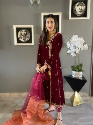 GARNET SHIRT WITH PANTS & DUPATTA AA 00057